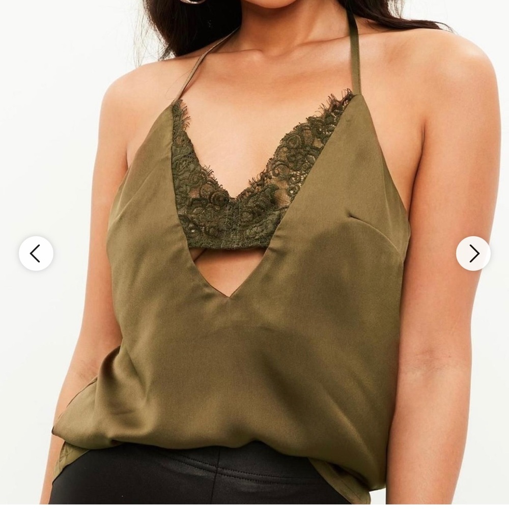 Missguided Cami Top With Lace Bralet Dark Green Khaki Strappy Sleeveless UK 8 - Picture 1 of 13